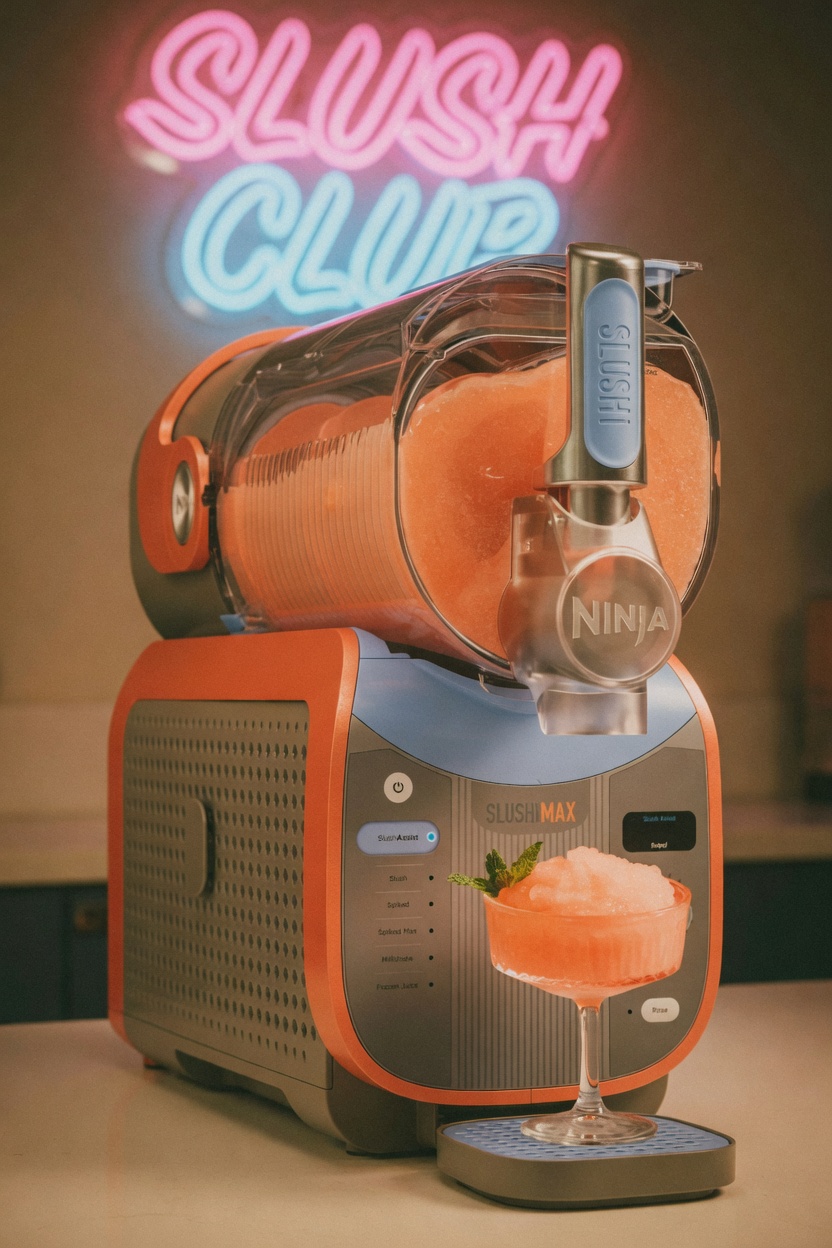 Ninja SlushMax frozen drink machine pouring a frozen margarita under a neon Slush Club sign — delivered to your door in Bend, Oregon