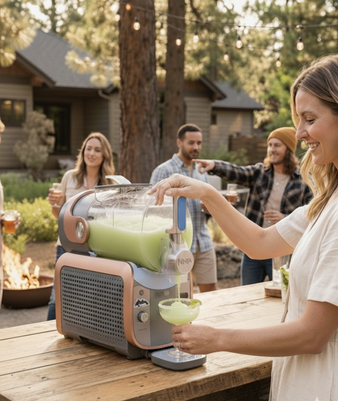 Friends pouring frozen margaritas at outdoor party in Central Oregon